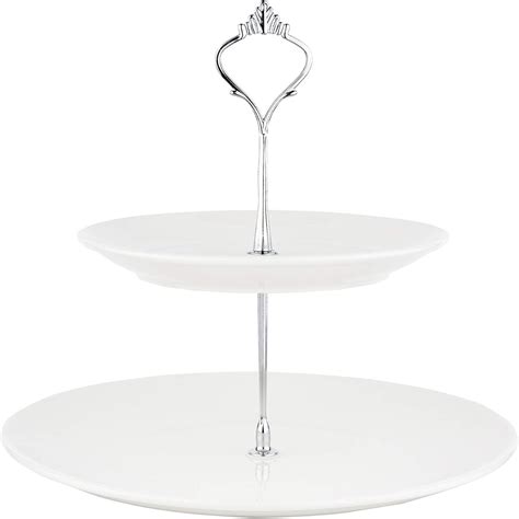 White Ceramic Cake Stand Porcelain Round Display With New Fittings 2 Tier Stand Silver