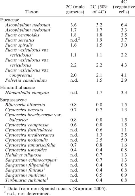 Mean Values Of Nuclear DNA Content Estimates Pg For Spanish Fucales