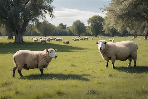 Premium Photo | Two different breeds of sheep grazing peacefully in the ...