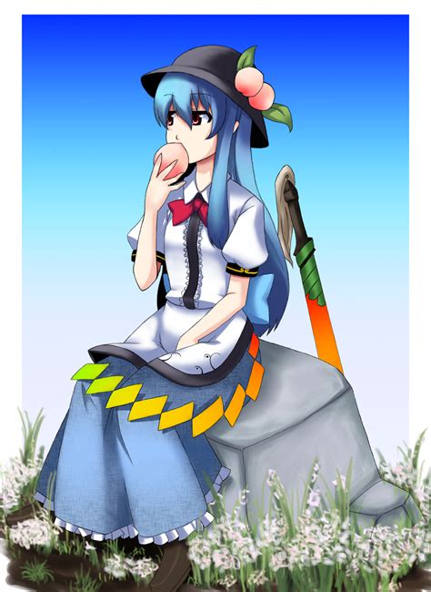 Safebooru Blue Hair Eating Food Fruit Hat Highres Hinanawi Tenshi