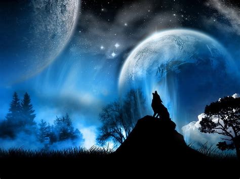 HD wallpaper: wolf, fantasy art, Moon, animals, night, red, sky, mammal ...