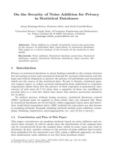 LNCS 3050 On The Security Of Noise Addition For Privacy In