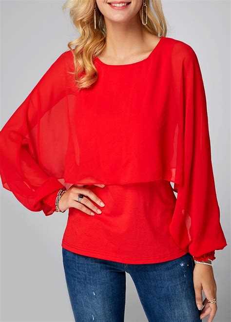 Overlay Embellished Round Neck Red Chiffon Blouse Chiffon Blouse