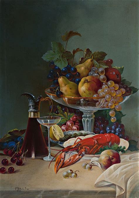 Lor Pfefferle Still Life With Lobster Fruit Bowl Carafe And Glass