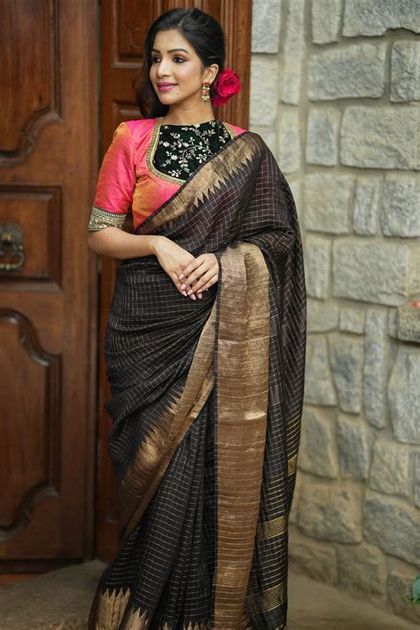 Matka Silk Saree In Black With Zari Checks And Wide Zari Temple Border