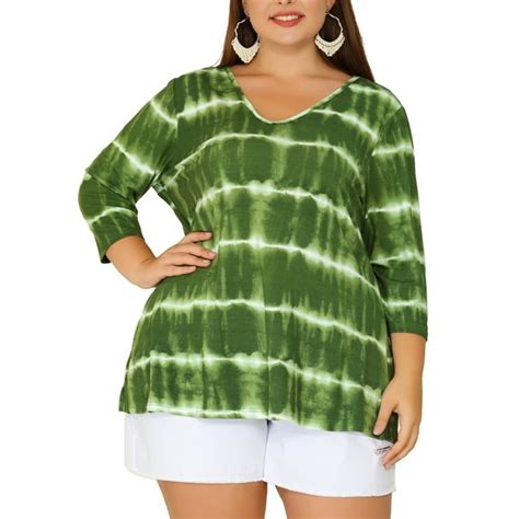 Unique Bargains Womens Plus Size Outfits Fashion Tie Dye V Neck 3 4