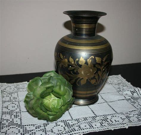 Vintage Brass Etched Vase Brass And Black Vase Made In India Etsy Etched Brass Black Vase Vase