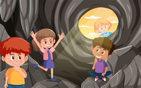 In cave scene with children exploring cartoon character 6772416 Vector Art at Vecteezy