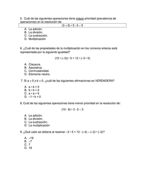 Prueba Numeros Enteros Octavo Basico Matematicas Con Soluciones Categorizadas Profe Social