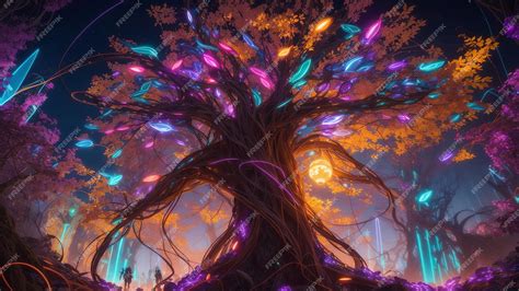 Premium AI Image | magical fairy forest at night blue neon lights ...