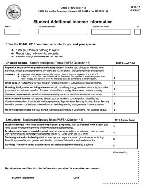 Fillable Online Csueastbay Student Additional Income Information Fax