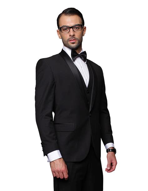 Mens 1 Button Shawl Lapel Vested Wool Tuxedo In Black