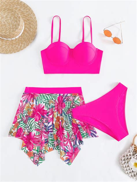 Conjunto de biquíni estampa tropical sutiã push up top bottom biquini