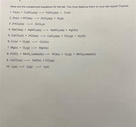 Solved Here Are The Unbalanced Equations For The Lab You Chegg