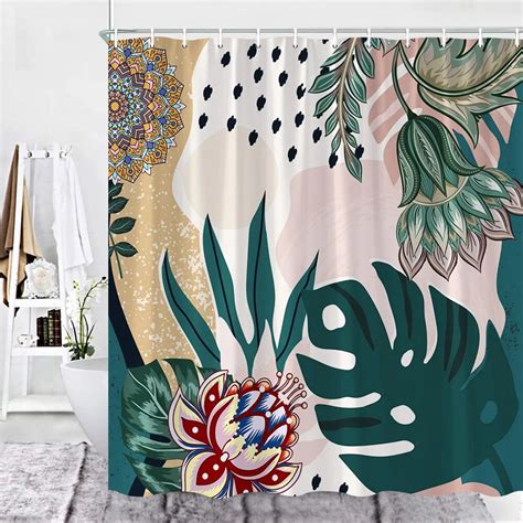 Abstract Shower Curtain Boho Flower Pattern Green Leaf Mid Century