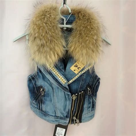 Exclusive Special Geniune Raccoon Fur Vest Women Denim Vest With Fur