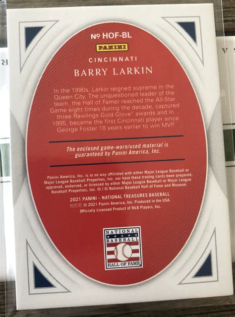 2021 PANINI NATIONAL TREASURES BARRY LARKIN 8 25 HOLO GOLD HALL OF FAME