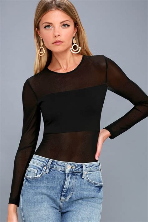 Sexy Black Bandeau Bodysuit Long Sleeve Mesh Bodysuit Lulus