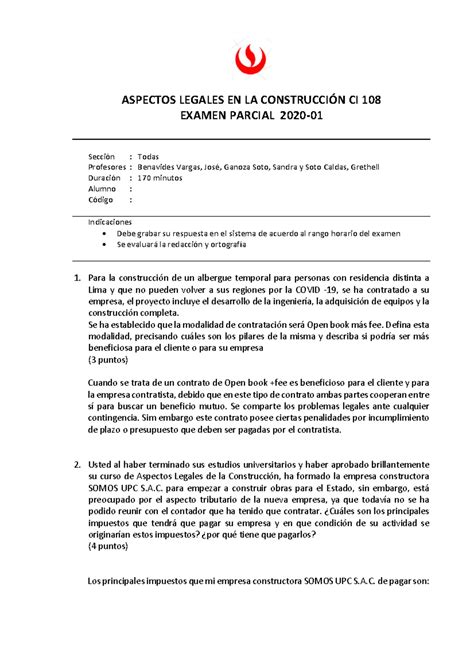 Examen parcial 2020 01 ASPECTOS LEGALES EN LA CONSTRUCCIÓN CI 108