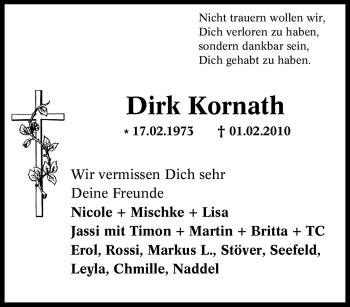 Traueranzeigen Von Dirk Kornath Trauer In Nrw De