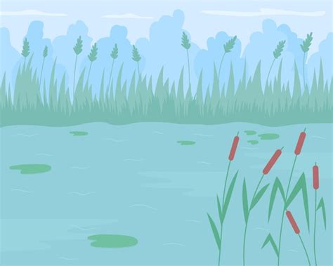 Premium Vector Pond Surrounded By Reed Grass Flat Color Vector