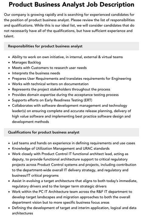 Product Business Analyst Job Description Velvet Jobs