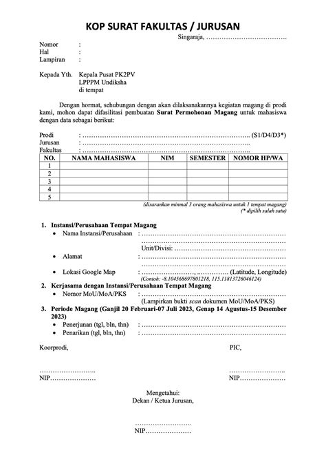 Form Pengajuan Surat Permohonan Magang Mbkm Prodi Sistem Informasi