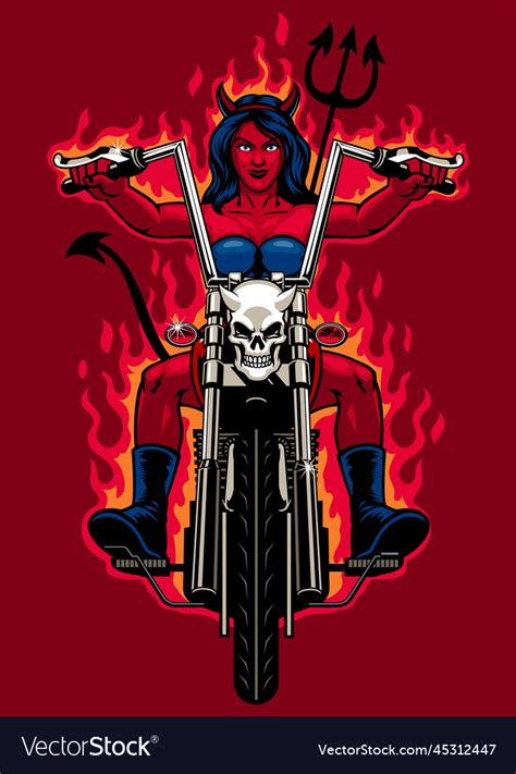 Red Devil Woman Riding On The Motorcycle Vector Image