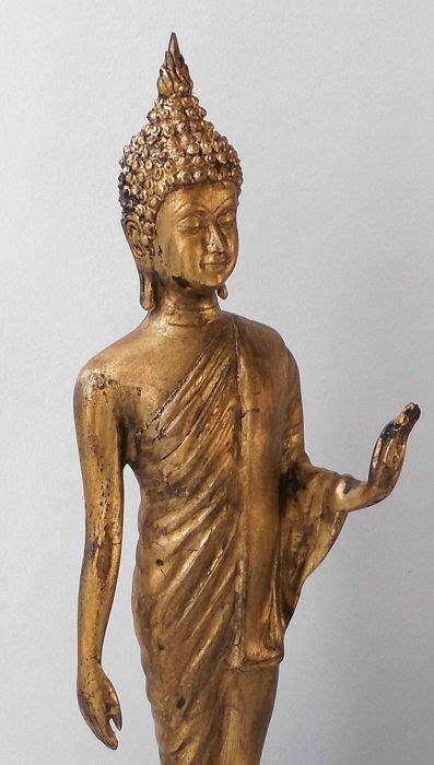 Bronze Standing Buddha Statue Gilded With Gold Leaf Thailand Late