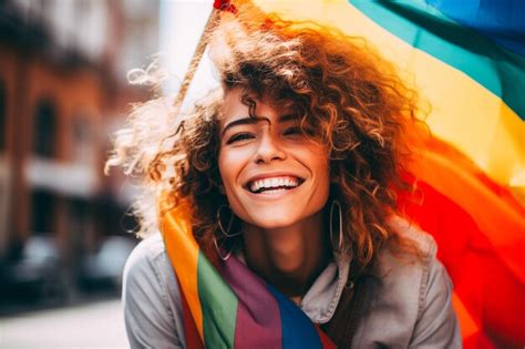 Premium Photo Beautiful Smiling Young Happy Woman Holds Rainbow Flag