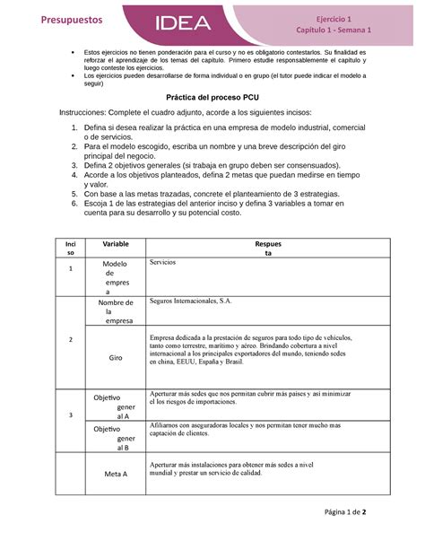 Ejercicio 1 presupuesto 1 Estos ejercicios no tienen ponderación