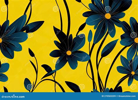 A Yellow Background with Blue Flowers and Leaves on it Stock ...