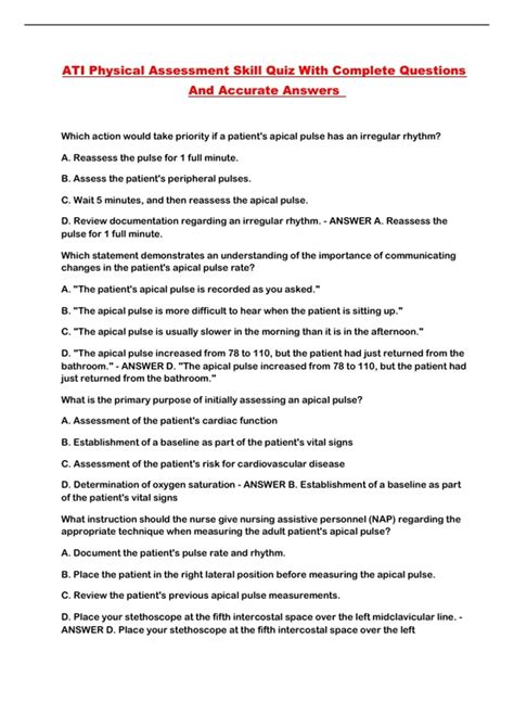 ATI Physical Assessment Skill Quiz With Complete Questions And Accurate