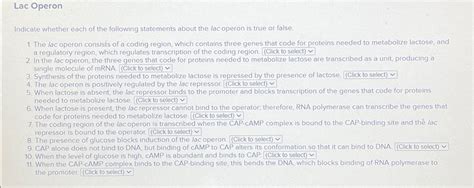 Solved Lac OperonIndicate whether each of the following | Chegg.com