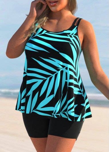 Plus Size Leaf Print Cyan Tankini Top Usd 29 98 Printed