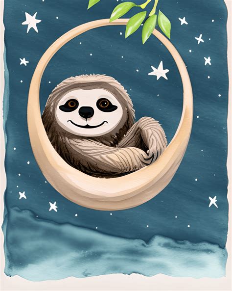 Cute Sleeping Baby Sloth in Crescent Moon Nursery Art 3D · Creative Fabrica