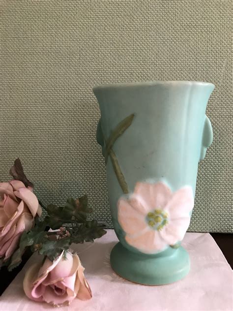 Vintage Weller Pottery Vase Wild Rose Ceramic Vase Mint Green Ceramic