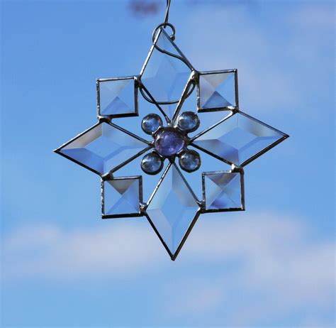 Beveled Stained Glass Snowflake With Periwinkle Lavender Jewels Suncatcher Ornament Etsy