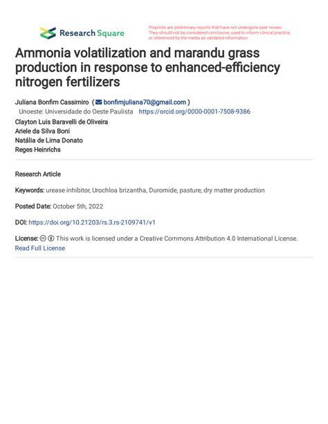 Pdf Ammonia Volatilization And Marandu Grass Production In Response To Enhanced Efficiency