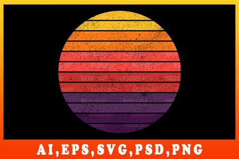 Vintage Retro Striped Sunset Circle Illustration Clip Art