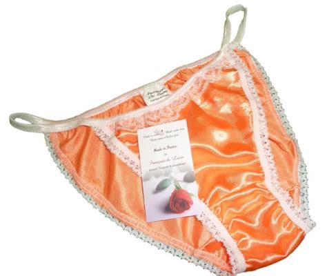 Orange Shiny Satin Panties Mini Tanga String Bikini Black Lace Made In