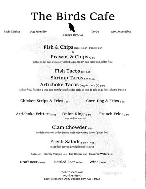 Menu Of Birds Cafe In Bodega Bay Ca