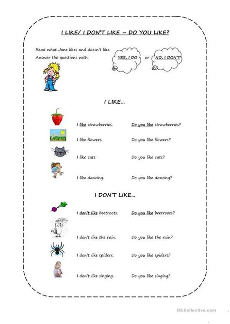 Like Dont Like Likes Doesnt Like Worksheet Free Esl Printable