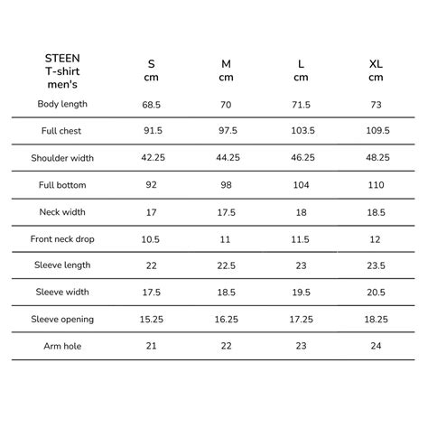 T Shirt Size Chart Steen Bamboo