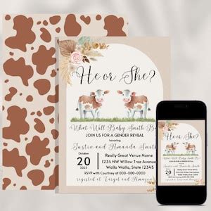 Editable Cow Gender Reveal Invitation Etsy