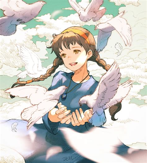 Safebooru 1girl Bangs Bird Bird On Hand Blue Dress Blue Sky Braid