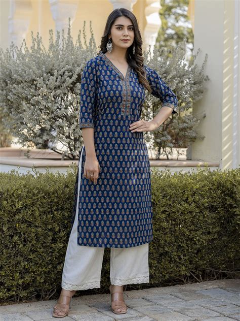 Buy Nayo Ethnic Motifs Printed V Neck Cotton Straight Kurta Kurtas