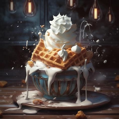 Premium AI Image Belgian Waffles With Whipped Cream And Caramel Sauce