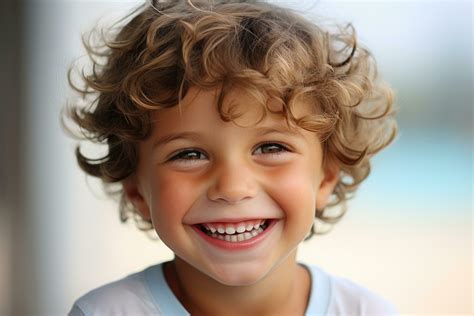 Portrait of a cute little boy with curly hair smiling at camera ...