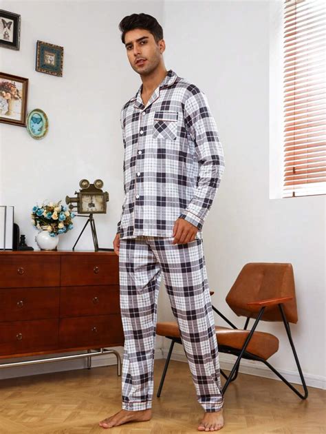 Men Plaid Print Contrast Piping Pj Set Shein Usa